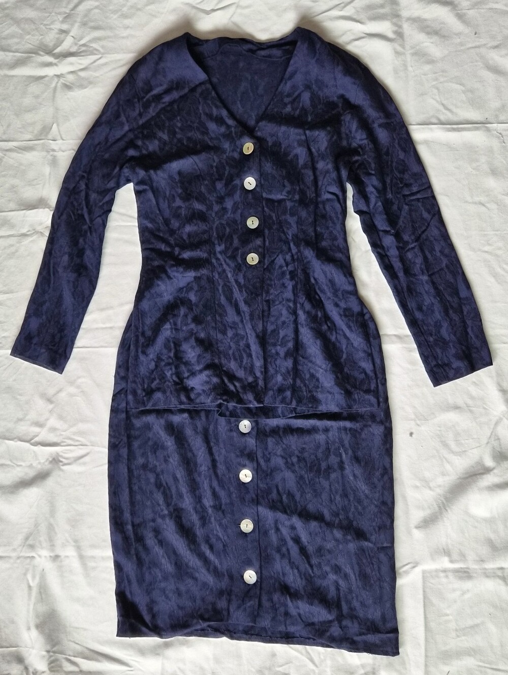 Vintage 90s 2pc Women's Navy Button-Front Suit Skiry And Blazer 100% Rayon